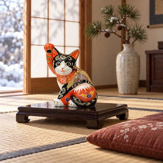 Black Kutani lucky cat with Red Fuji and crane on a low display stand in a winter tatami room