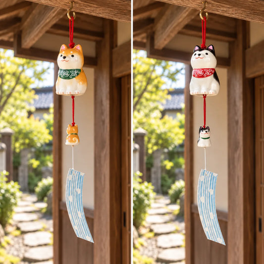 Tan and Black Shiba parent-and-puppy wind chime color options hanging separately under sheltered timber eaves