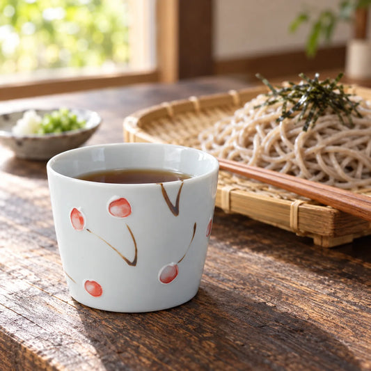 Tokushichi cherry-patterned soba choko cup holding dipping sauce beside cold soba noodles