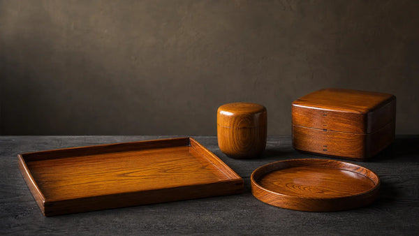 Amber Hida Shunkei trays and boxes showing wood grain beneath transparent lacquer.