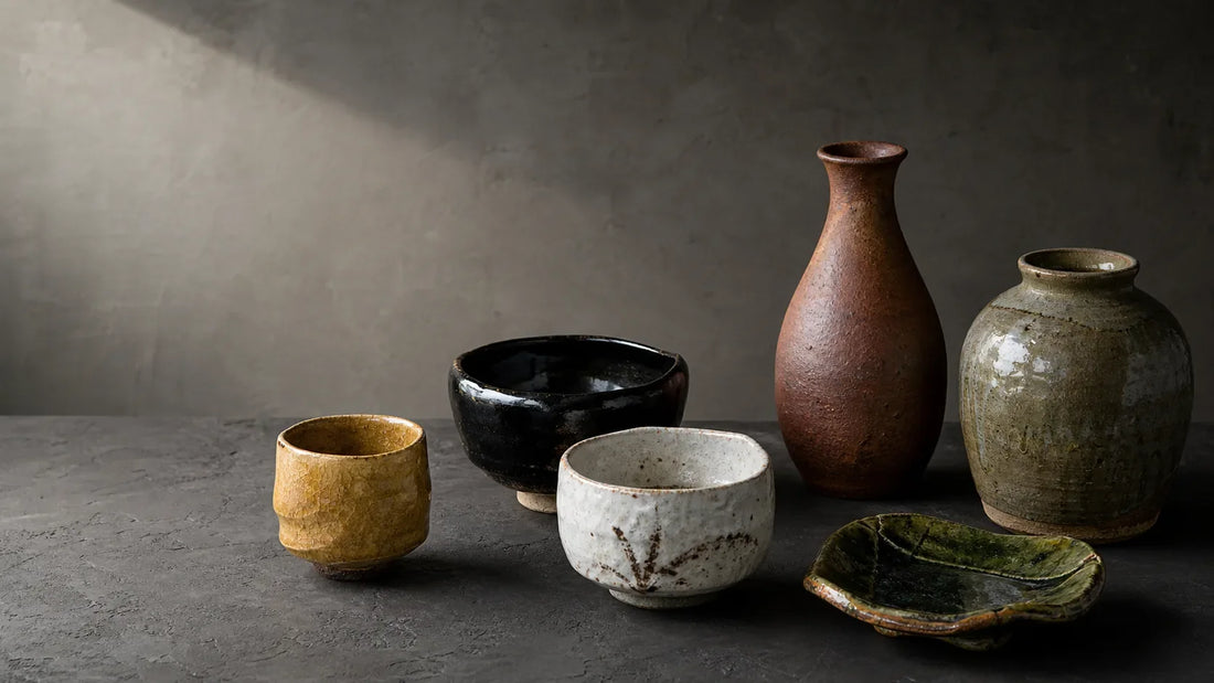 Seto ware vessels displaying yellow, black, white, green, red, and ash glazes.