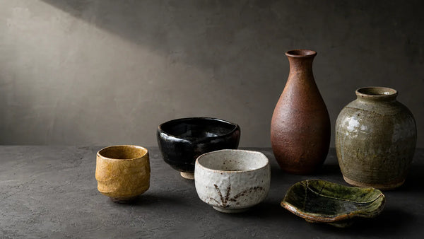 Seto ware vessels displaying yellow, black, white, green, red, and ash glazes.