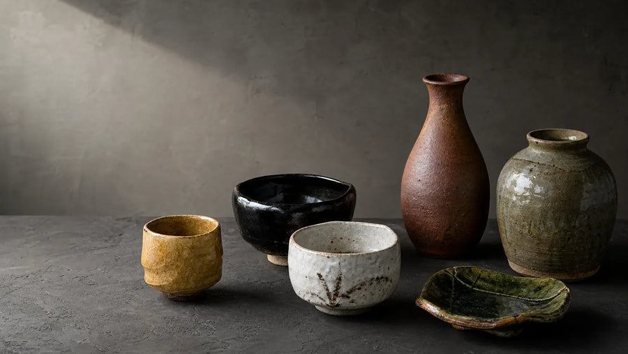 Seto ware vessels displaying yellow, black, white, green, red, and ash glazes.