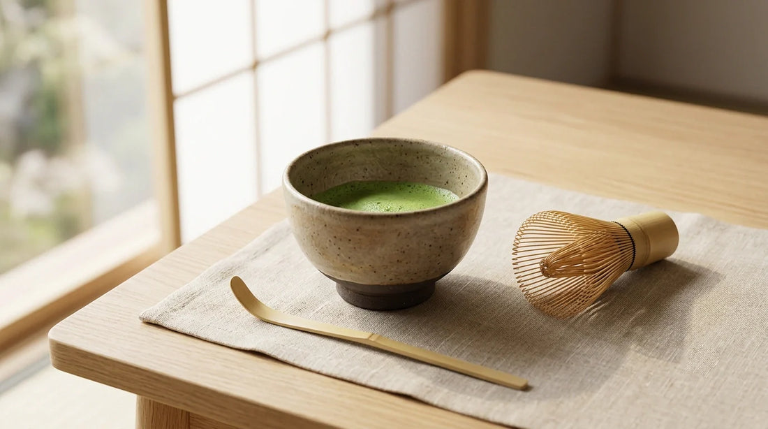 A stoneware matcha bowl with whisked green matcha beside a bamboo chasen whisk and chashaku scoop on linen.