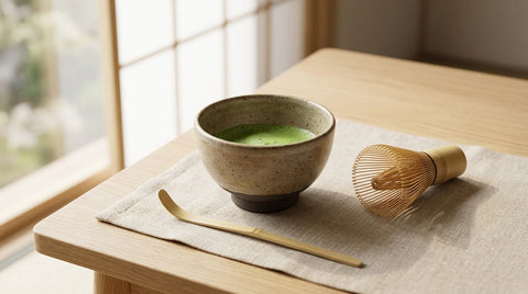 A stoneware matcha bowl with whisked green matcha beside a bamboo chasen whisk and chashaku scoop on linen.