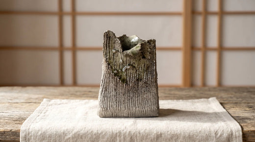 A hand-built Shigaraki bud vase with a torn rim and natural ash-glaze drip, on linen and hinoki by a shoji screen