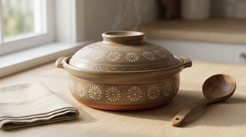 A Japanese Banko-yaki donabe clay pot with its lid on a wood surface in soft kitchen light.