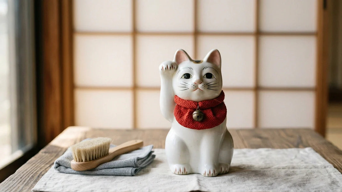 A white ceramic maneki neko with a raised paw and red silk collar beside a soft brush and cloth on linen by a shoji screen.
