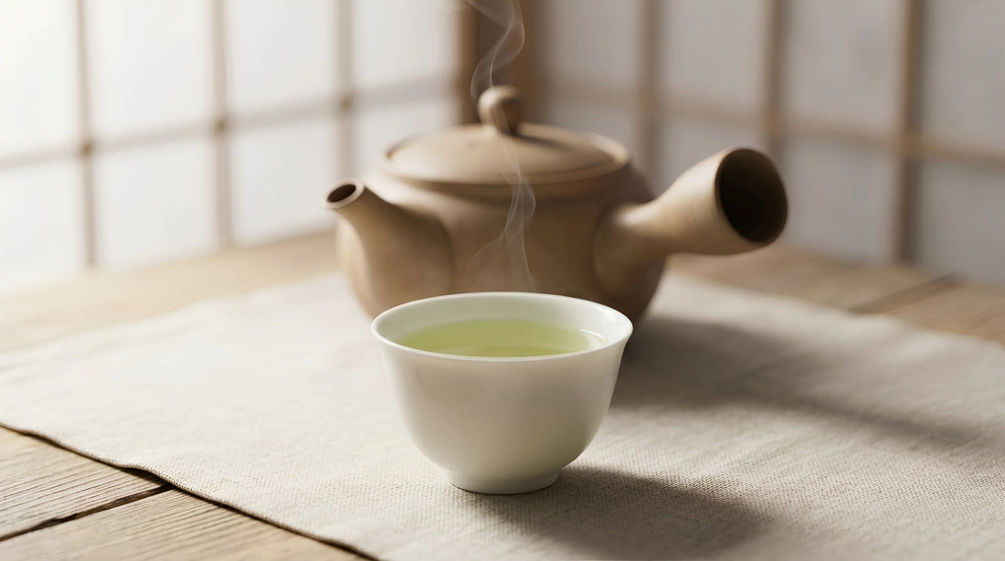 A white porcelain cup of pale green sencha with a fine thread of rising steam, beside a warm kyusu on linen by a shoji screen.