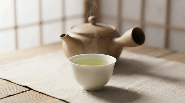 A white porcelain cup of pale green sencha with a fine thread of rising steam, beside a warm kyusu on linen by a shoji screen.