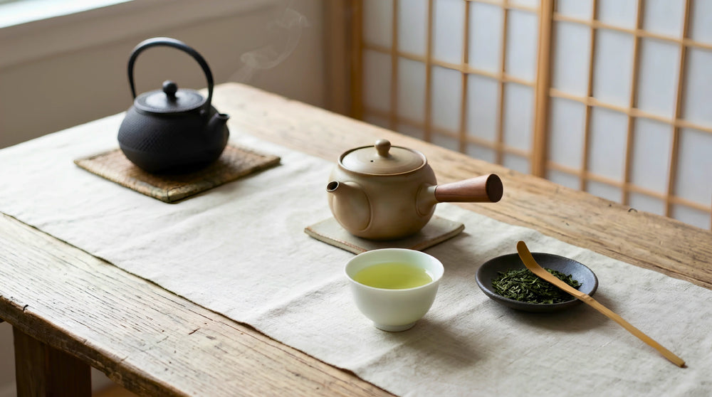 A quiet tea setting with an iron kettle, kyusu, white cup of green tea, and loose leaf on linen by a shoji screen.