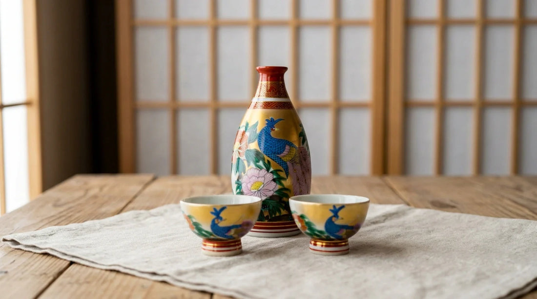 Ein japanischer Kinrande-Sake-Becher mit dichtem Goldbrokatmuster über eisenrotem Email auf Leinen an einem Shōji-Fenster.