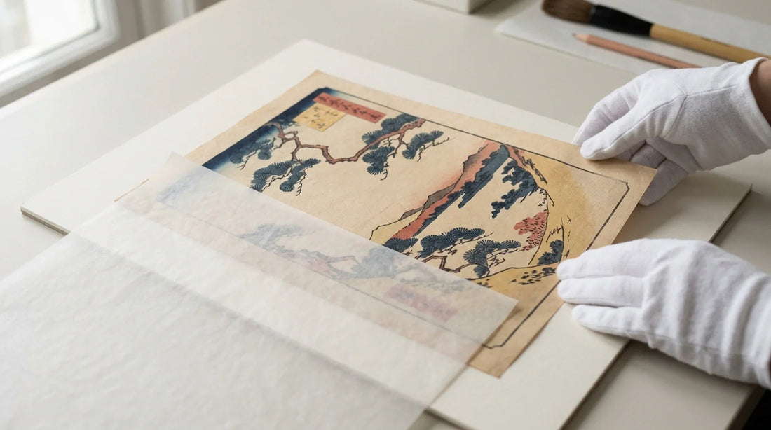 A Japanese ukiyo-e woodblock print on washi handled with white cotton gloves on an archival board.