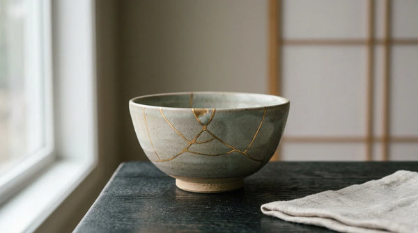 Eine Steinzeug-Teeschale, mit feinen goldenen Kintsugi-Nähten repariert, die das sanfte Licht auf dunklem Holz einfangen.