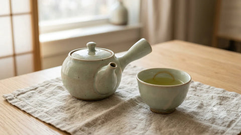 A Japanese kyusu teapot and teacup with pale green tea on linen by a window.