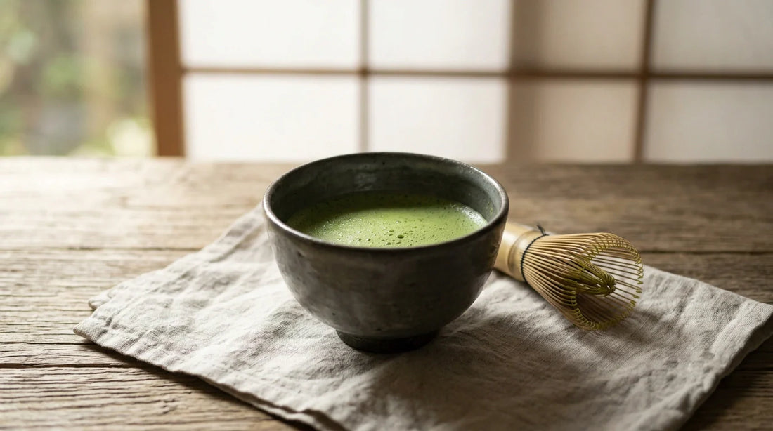 A Japanese matcha chawan of whisked green matcha with a bamboo whisk on linen by a shoji window.