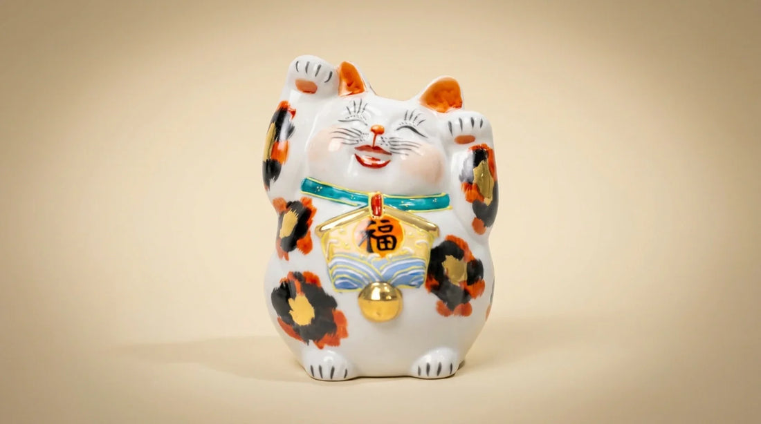 Un maneki neko Kutani calico peint à la main, à la patte levée, sur un fond chaud et doux.