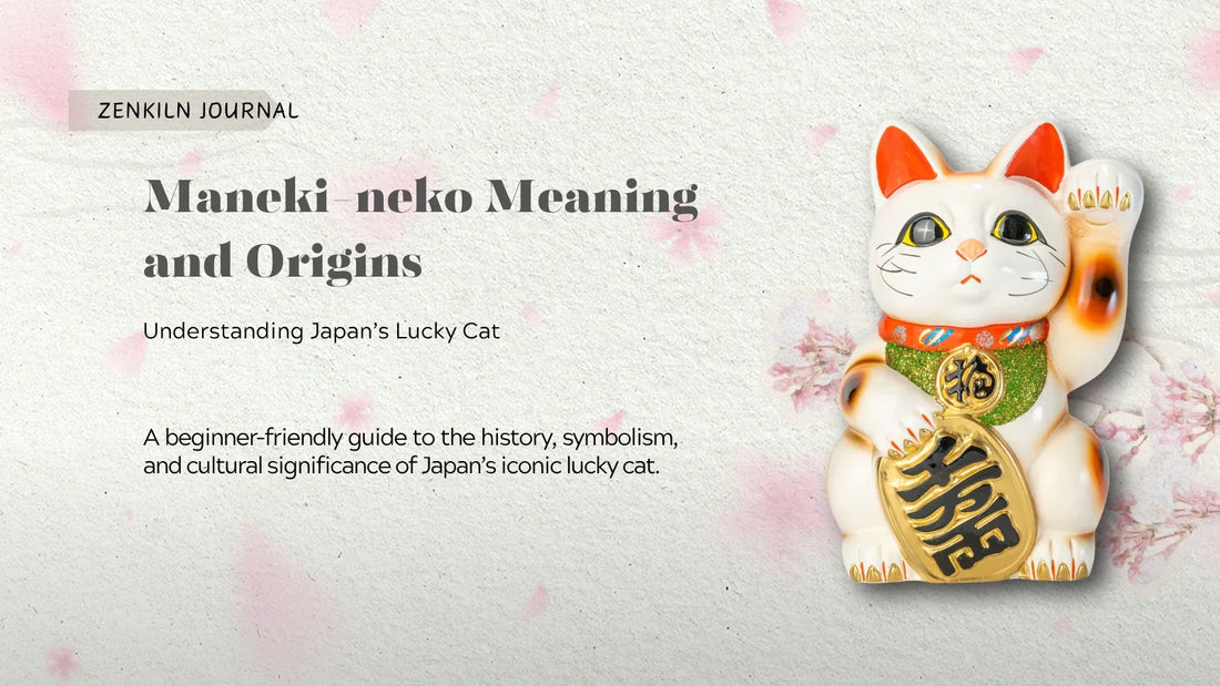 ZenKiln Journal graphic titled “Maneki-neko Meaning and Origins: Understanding Japan’s Lucky Cat,” featuring a white maneki-neko figurine with a raised paw, gold coin, and cherry blossoms.