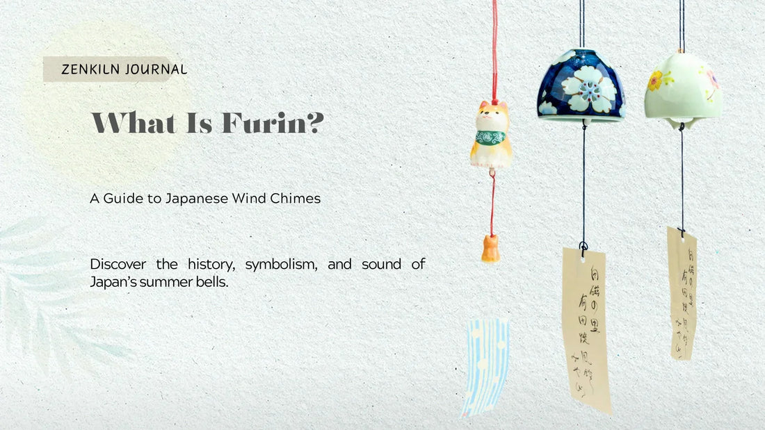 ZenKiln Journal graphic titled “What Is Furin? A Guide to Japanese Wind Chimes,” featuring three hanging Japanese wind chimes, including a cat-shaped bell and two floral ceramic bells with paper strips.
