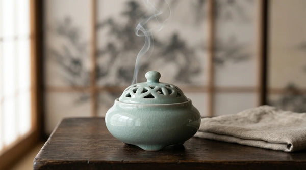 Un brûle-encens japonais en céladon avec un couvercle ajouré et une fine volute de fumée d'encens, sur du bois sombre.