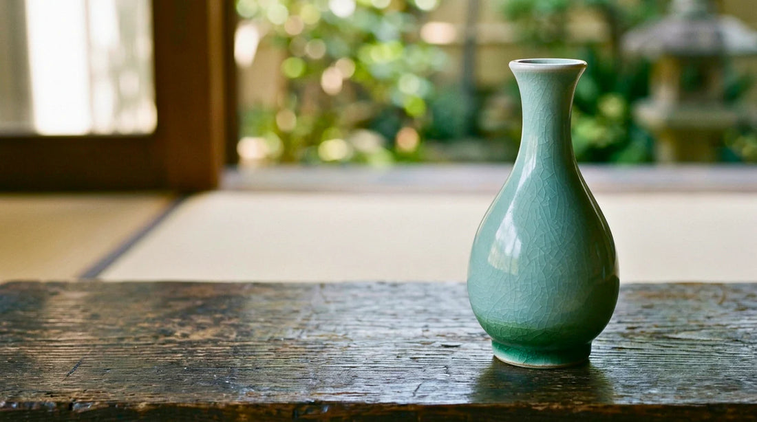 A Japanese seiji celadon porcelain vase with jade-green glaze and fine crackle on dark aged wood by a garden window