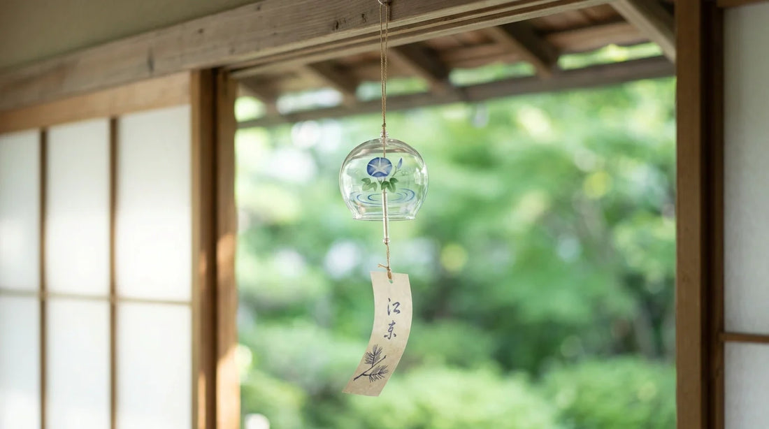 A glass Edo furin wind chime with a paper tanzaku strip hanging by a window in soft summer light.