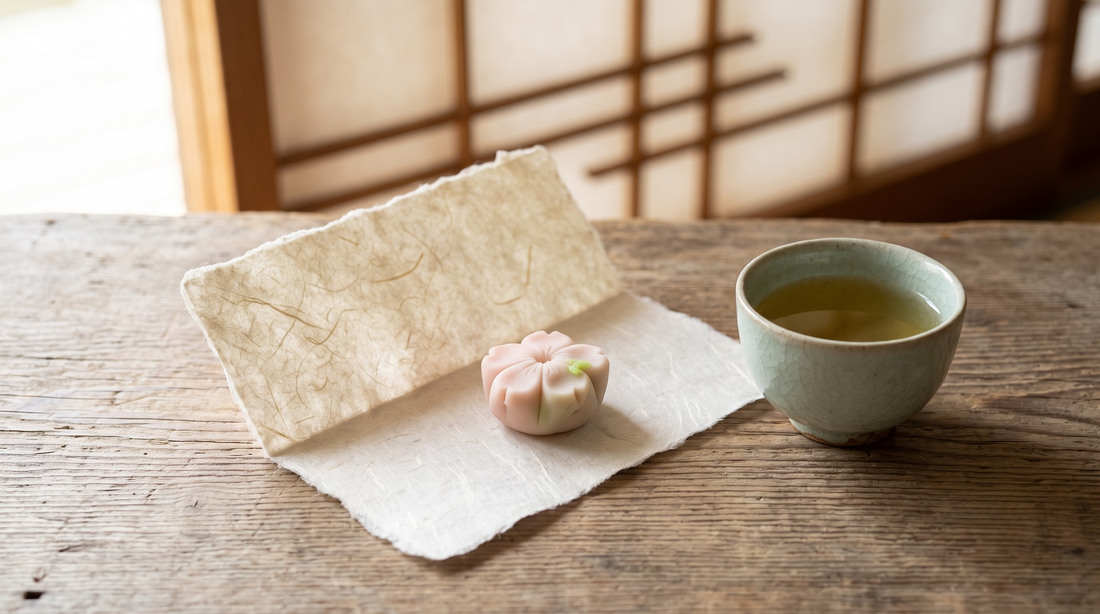 A folded sheet of plain washi holding a pink wagashi sweet beside a celadon cup of green tea