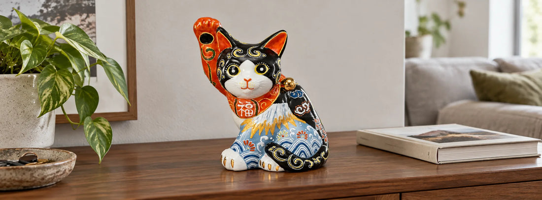 Black Kutani lucky cat with white Mount Fuji and blue waves on a wooden cabinet in a living room.