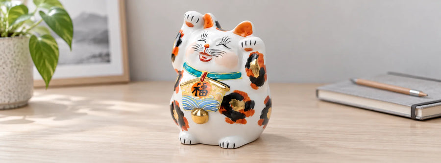 Gold-accented calico Kutani lucky cat with both paws raised beside a notebook on a home desk.