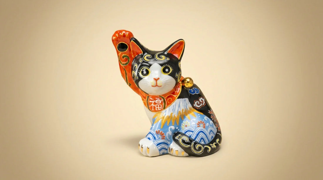 Un maneki neko Kutani noir peint à la main, à la patte levée, avec des motifs du mont Fuji et de vagues, sur un fond chaud et doux.