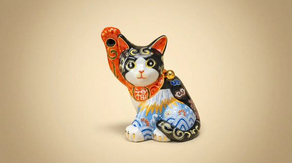 A hand-painted black Kutani maneki neko with a raised paw, Mount Fuji and wave motifs, on a soft warm background.