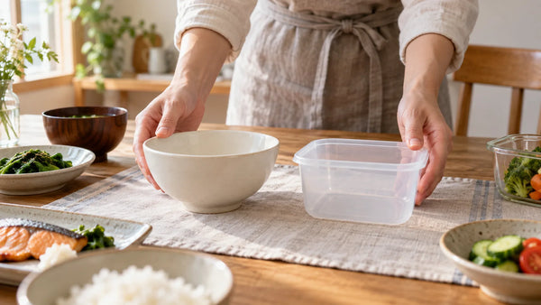 Des mains posent un bol uni en céramique à côté d’une boîte alimentaire réutilisable en plastique, sur une table.