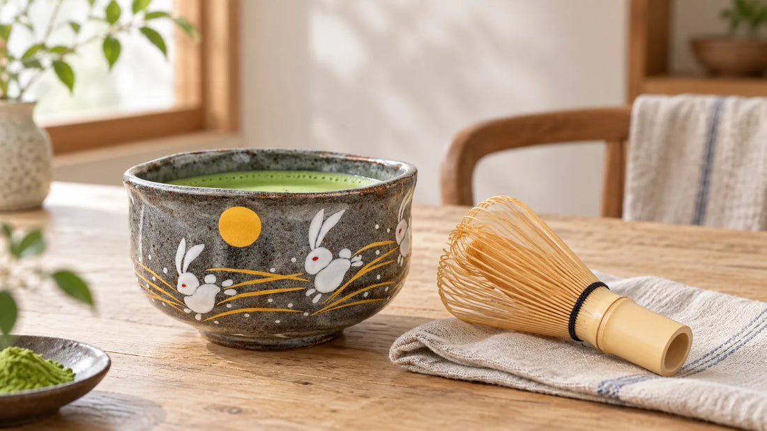 Fouet chasen Kazuho en bambou à côté d’un bol à matcha de Kutani à motif de lapin, sur une table à thé ; mise en scène illustrative.