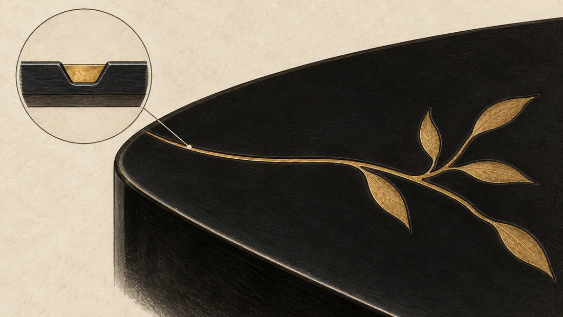 Illustration conceptuelle d’un trait d’or dans une incision de laque noire, avec un encart en coupe simplifiée ; il ne s’agit pas de la photographie d’un objet de Wajima.