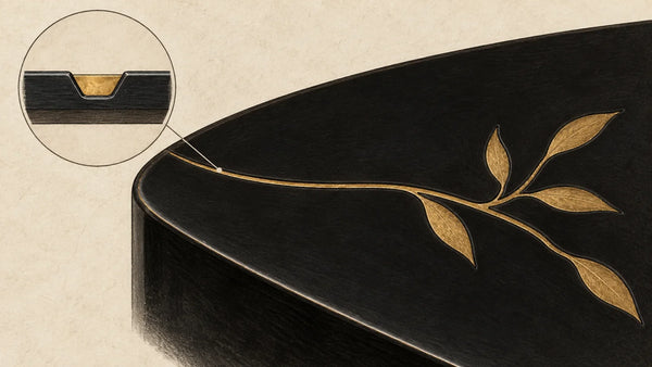 Conceptual editorial illustration of a gold line set within a cut in black lacquer, with an inset showing a simplified cross-section; not a photograph of a Wajima artifact.