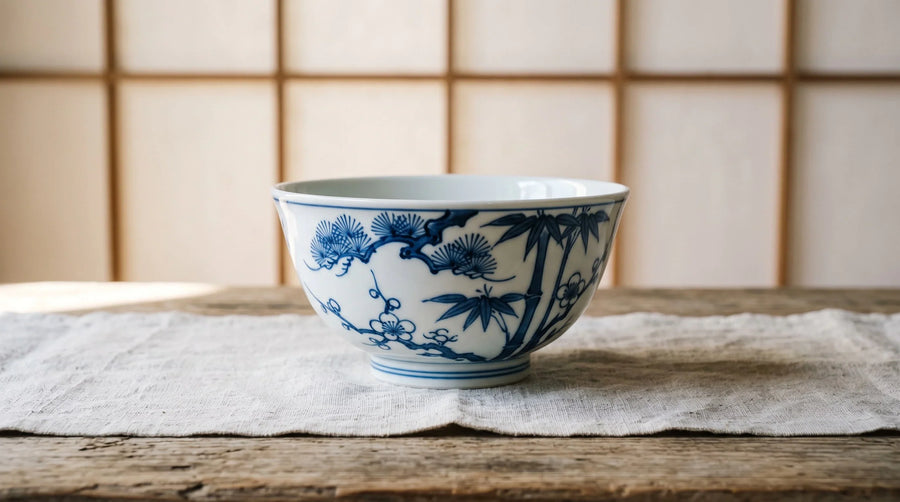 Editorial illustration of a blue-and-white porcelain bowl with pine, bamboo and plum motifs on a pale cloth table; not a specific catalogue product or historic artifact.