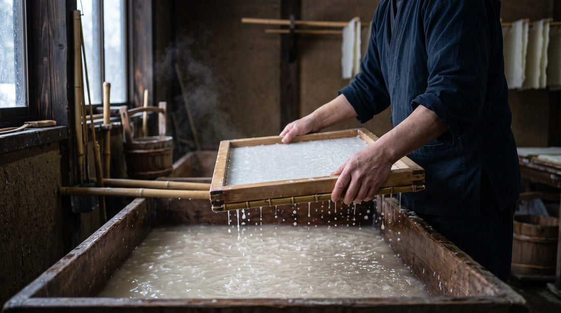A papermaker's hands rocking a bamboo screen of white kozo pulp over a wooden vat
