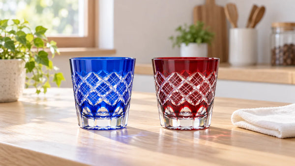 Matching red and blue Kimoto Kasane Yarai cut-glass tumblers standing upright beside a soft cloth on a kitchen counter.