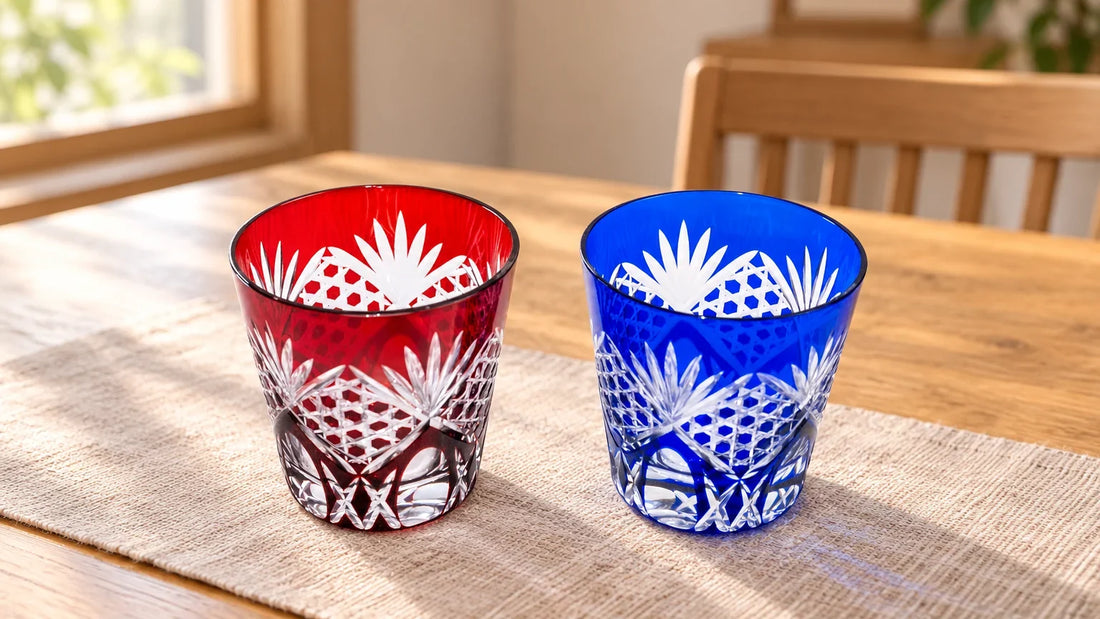 Illustrative home-table visualization of ZenKiln’s red-and-blue Edo Kiriko kagome pair; the actual product photo appears in the guide below.