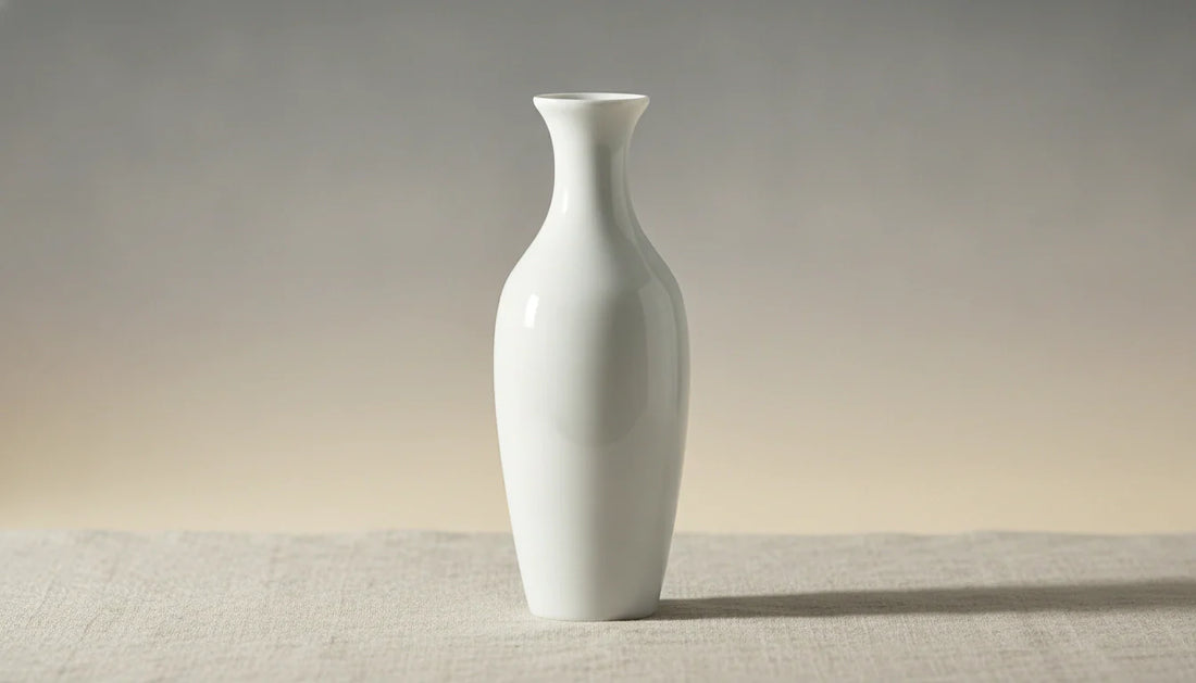 A single luminous undecorated white hakuji porcelain vase, lit to show form and the soft tone of the glaze