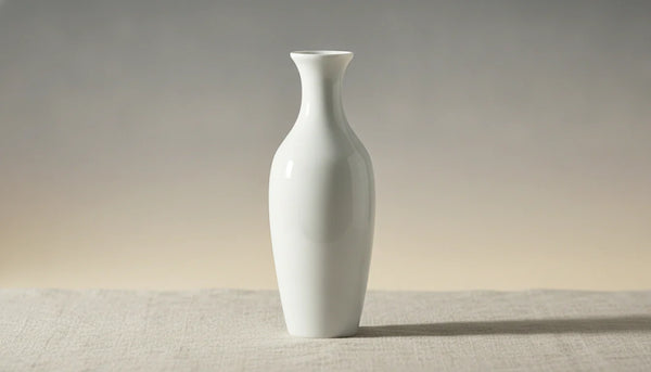 A single luminous undecorated white hakuji porcelain vase, lit to show form and the soft tone of the glaze