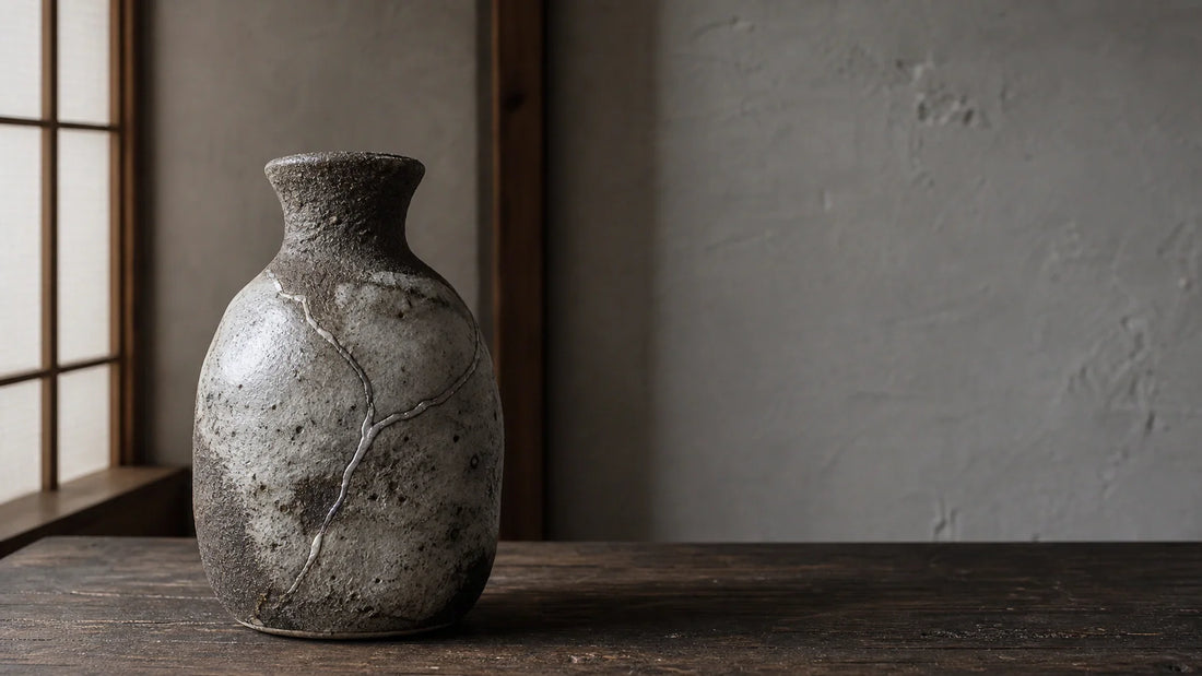 A Shigaraki vase with white glaze and silver gin-tsugi stands on dark wood in a quiet Japanese room.