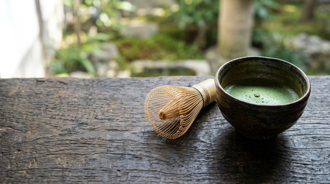 A hand-carved bamboo chasen matcha whisk beside a stoneware tea bowl of freshly whisked matcha on dark wood by a garden window