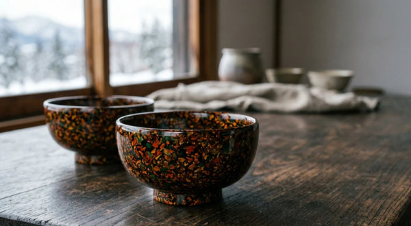 A pair of Tsugaru-nuri kara-nuri lacquer bowls on dark aged wood by a window with a snowy northern landscape beyond, showing the mottled multicolor lacquer surface