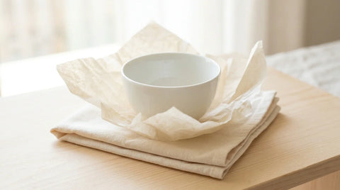 A newly unwrapped white porcelain tea bowl resting on cotton cloth and tissue paper by a bright window.