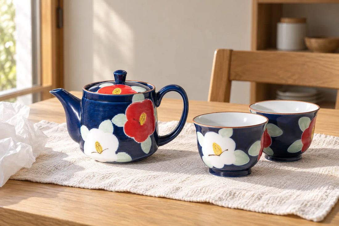 Deep blue camellia teapot and two matching cups on a cotton cloth beside unwrapped tissue paper.