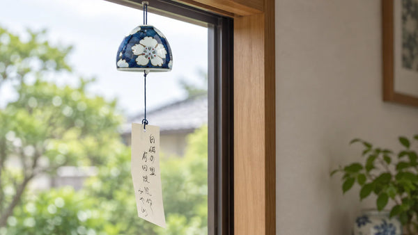 Blue-and-white Arita porcelain wind chime with a paper strip hanging in a sheltered open window.