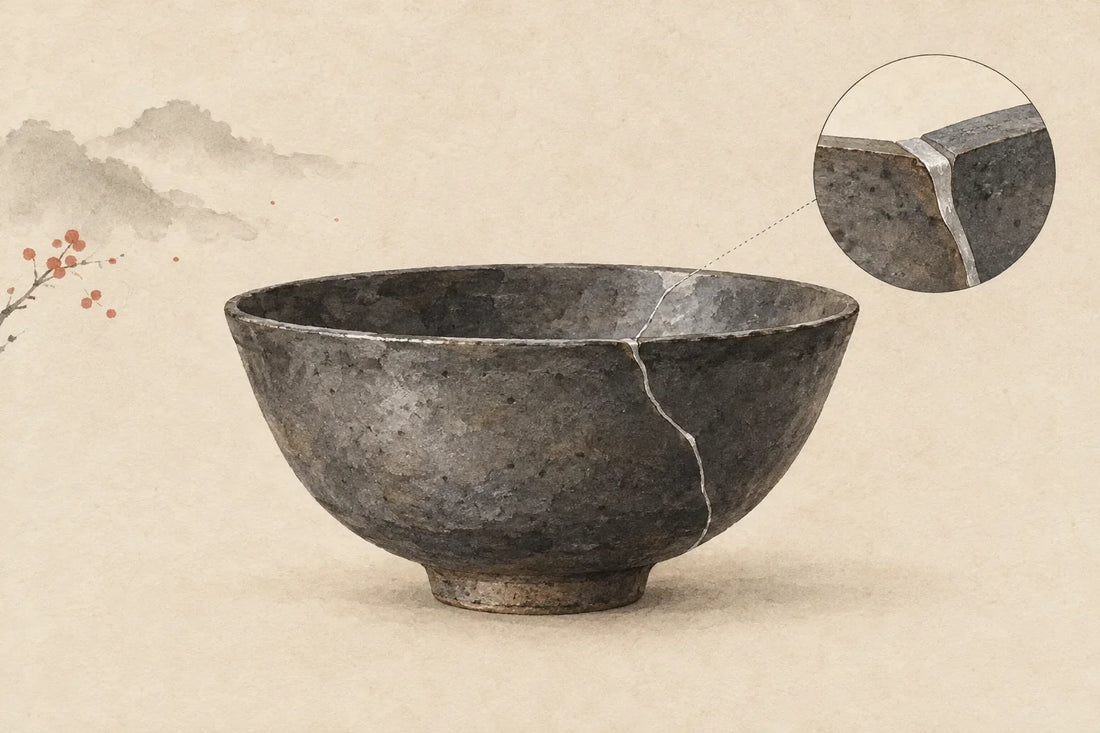 Illustration d’un bol imaginaire en céramique gris anthracite, réparé par une ligne de gin-tsugi à finition argentée ; il ne s’agit pas d’un objet documenté.