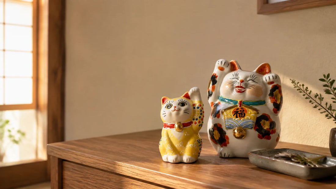 Gold and yellow Kutani maneki neko on a sunlit wooden entryway console
