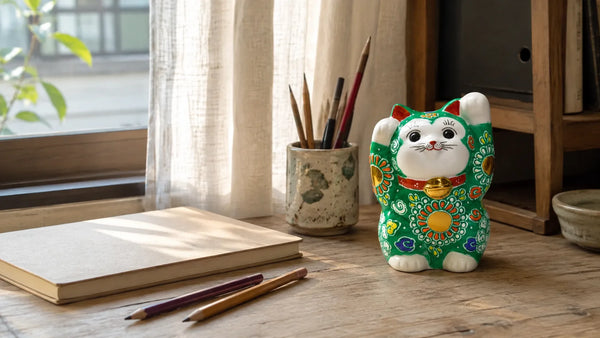Green Kutani maneki neko on a sunlit study desk beside a notebook and pencils